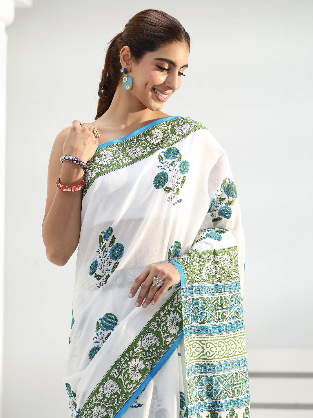 White Floral Sanganeri Print Cotton Saree