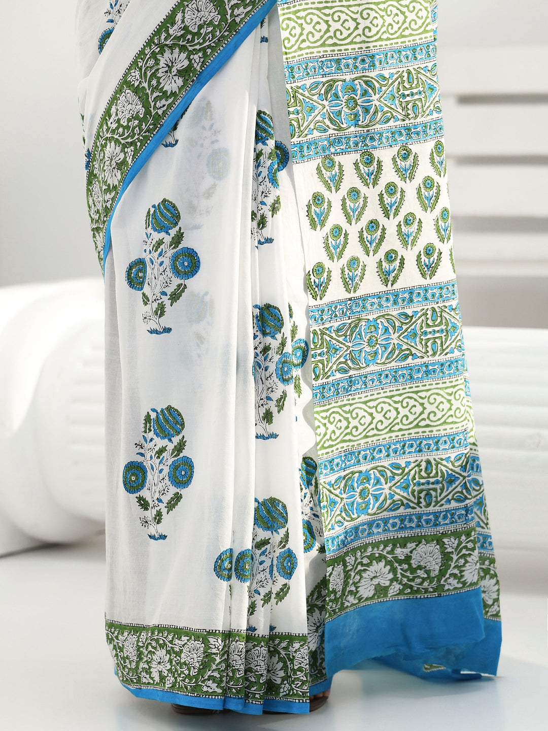 White Floral Sanganeri Print Cotton Saree