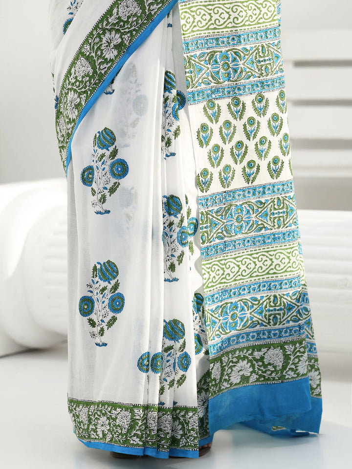 White Floral Sanganeri Print Cotton Saree