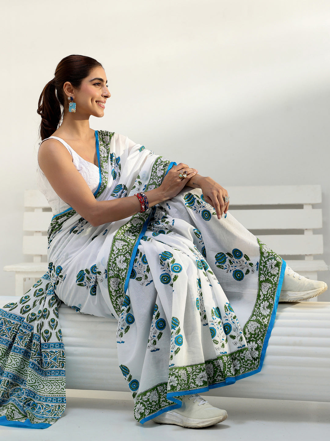 White Floral Sanganeri Print Cotton Saree