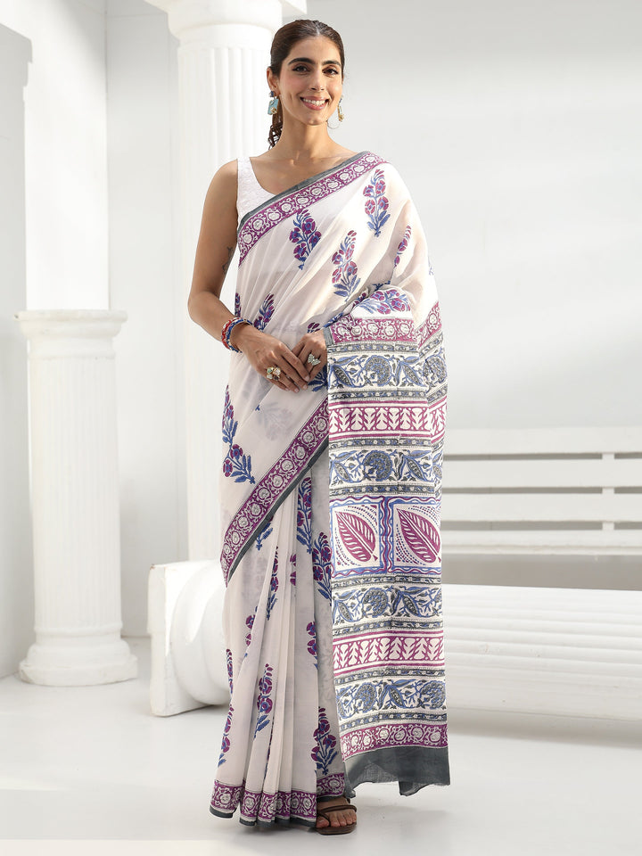 White Floral Sanganeri Print Cotton Saree