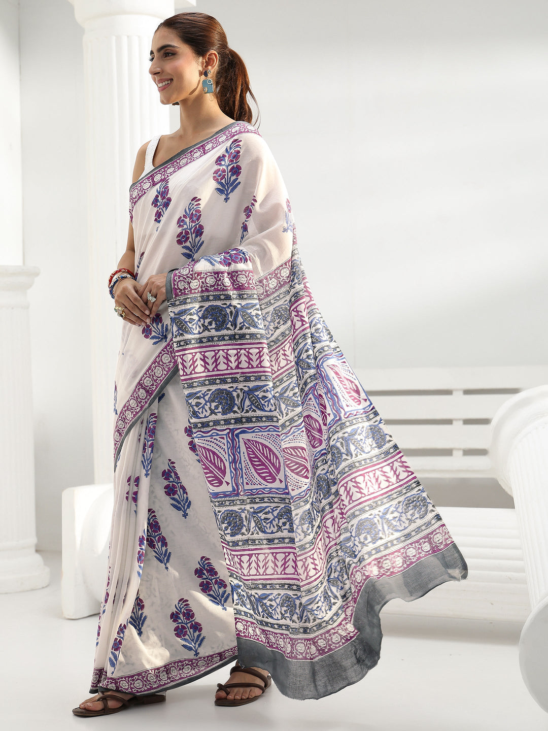White Floral Sanganeri Print Cotton Saree