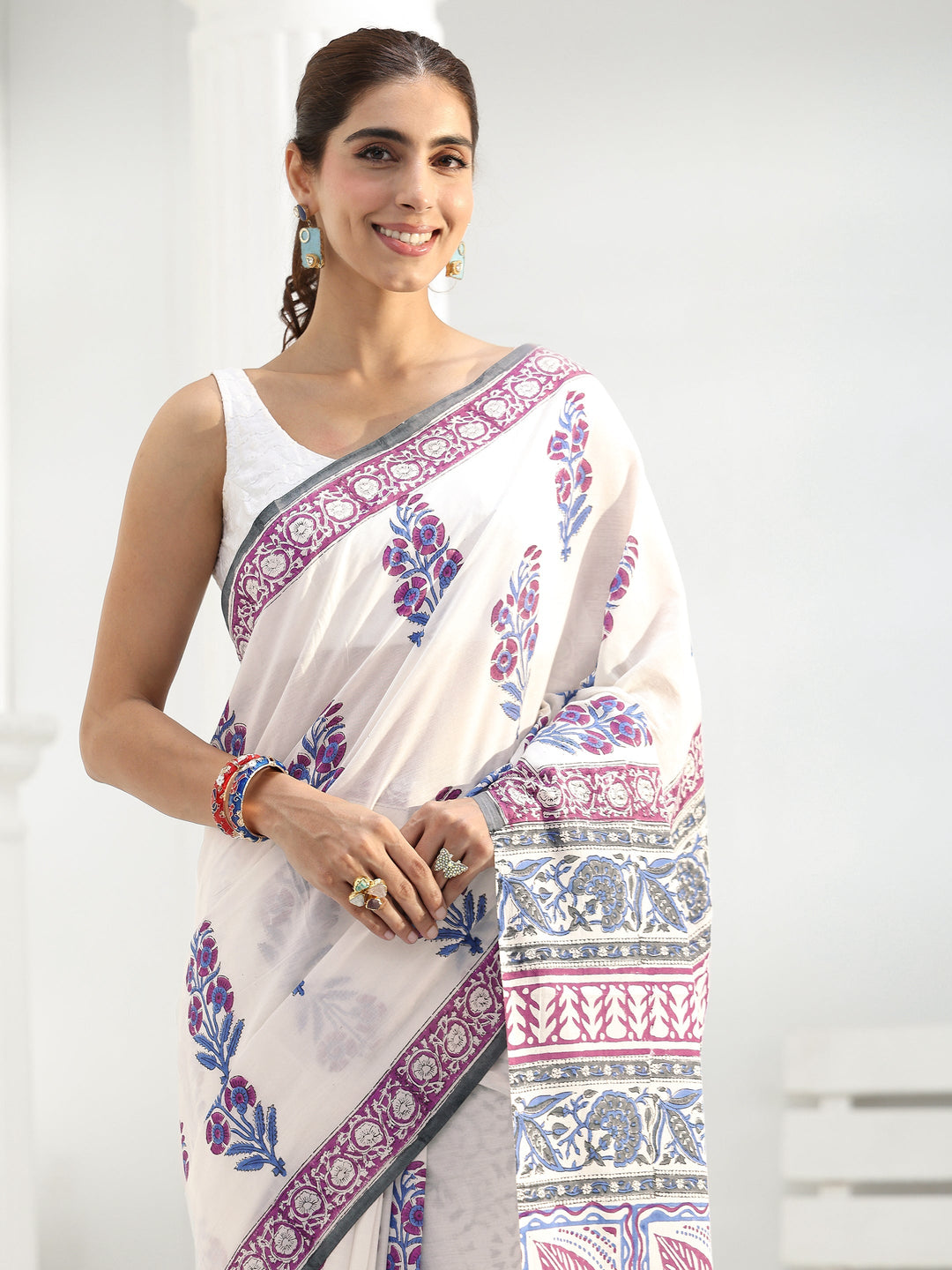 White Floral Sanganeri Print Cotton Saree