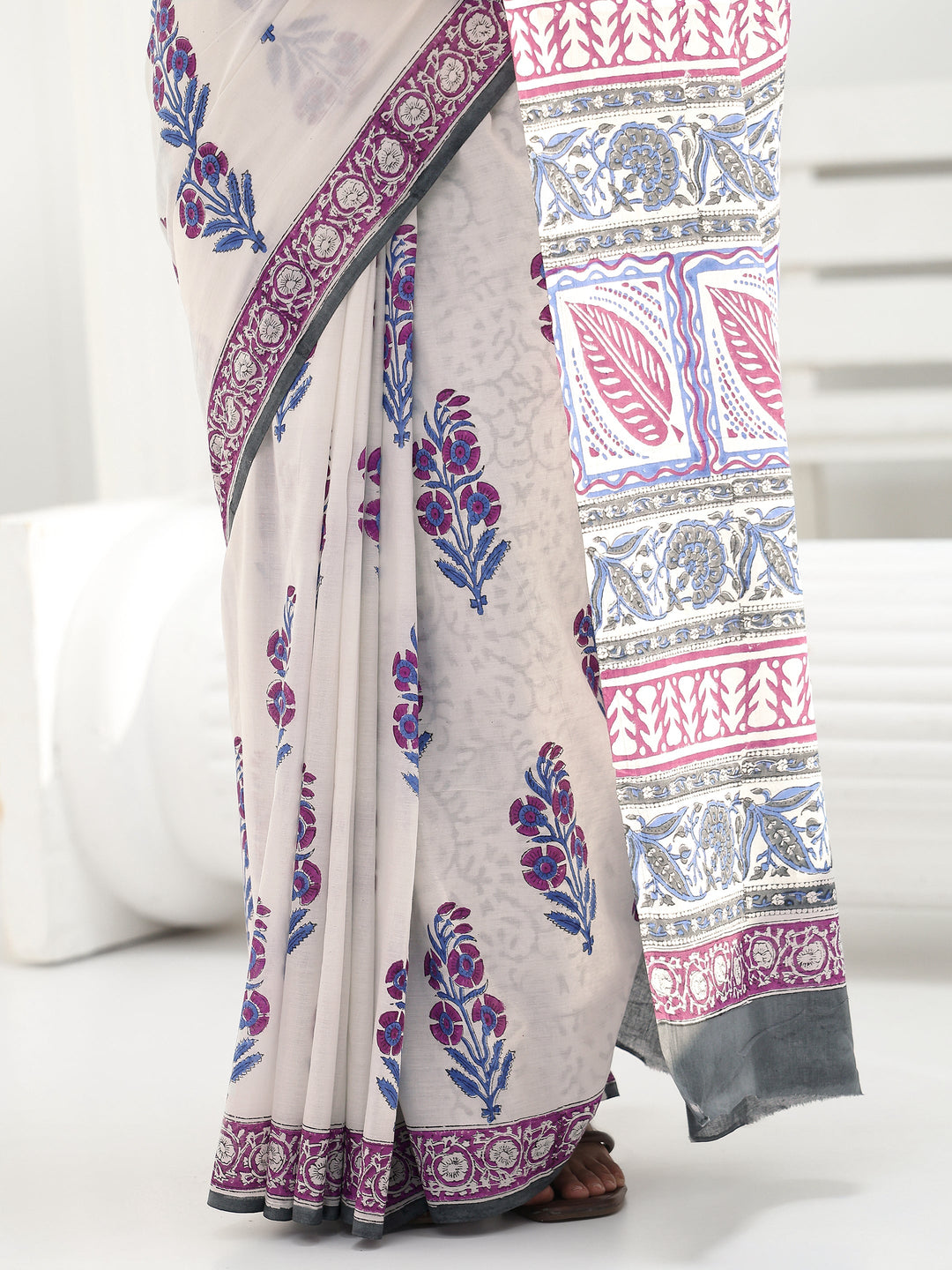 White Floral Sanganeri Print Cotton Saree