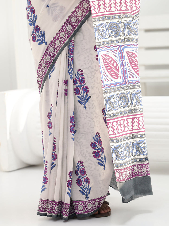 White Floral Sanganeri Print Cotton Saree