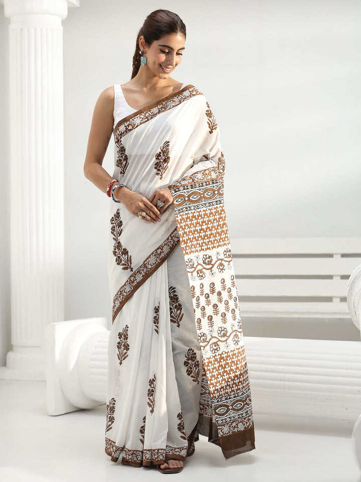 White Floral Sanganeri Print Cotton Saree