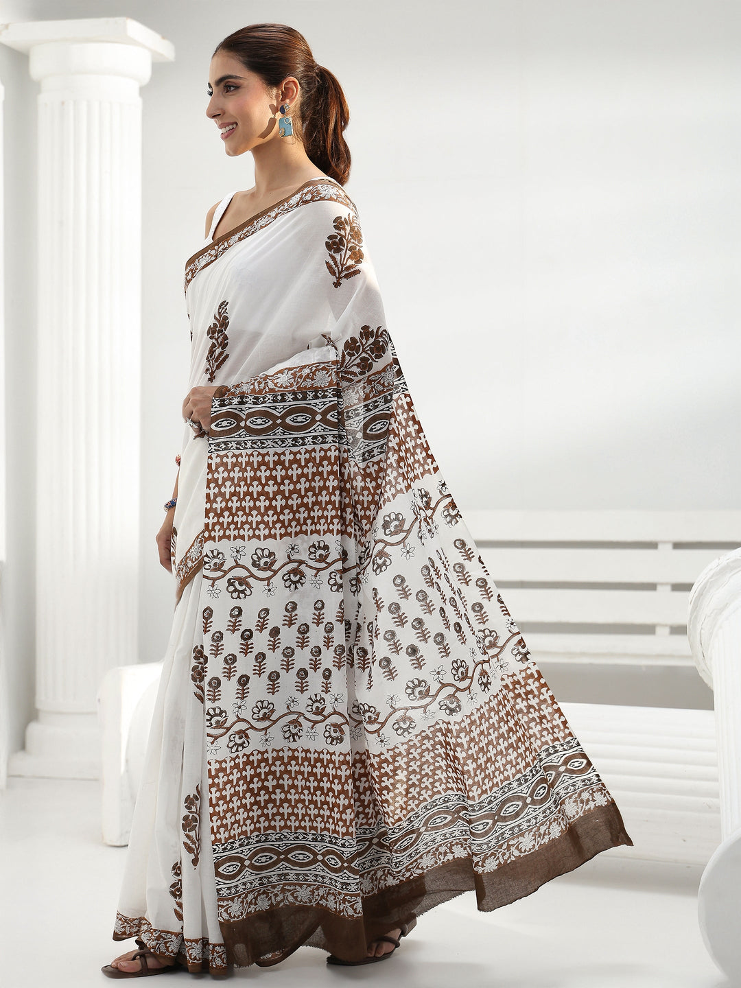 White Floral Sanganeri Print Cotton Saree