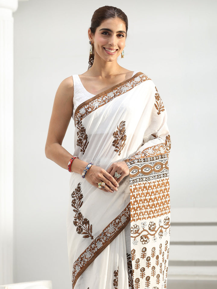 White Floral Sanganeri Print Cotton Saree