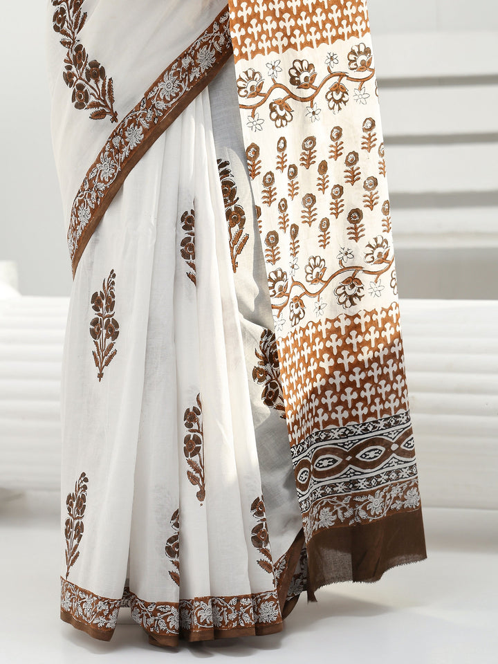 White Floral Sanganeri Print Cotton Saree