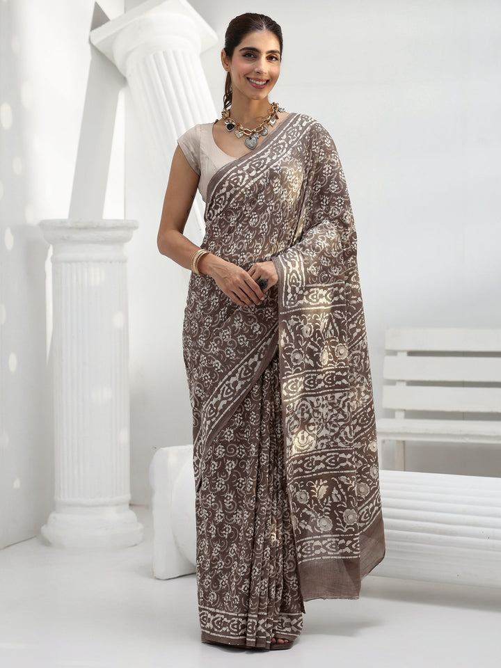 Grey Floral Dabu Print Cotton Saree