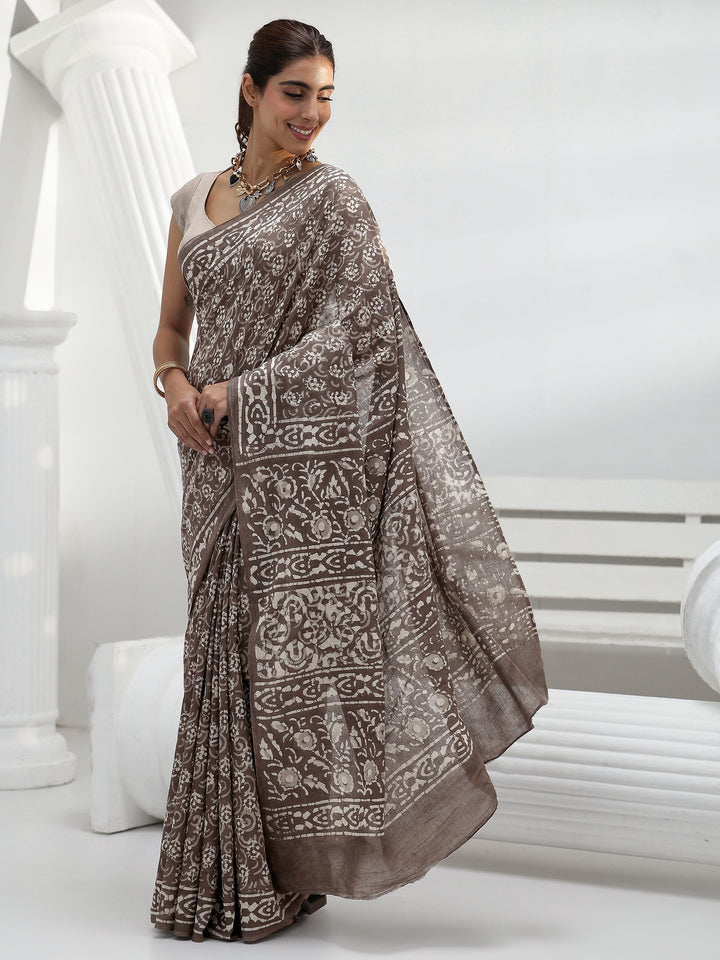 Grey Floral Dabu Print Cotton Saree