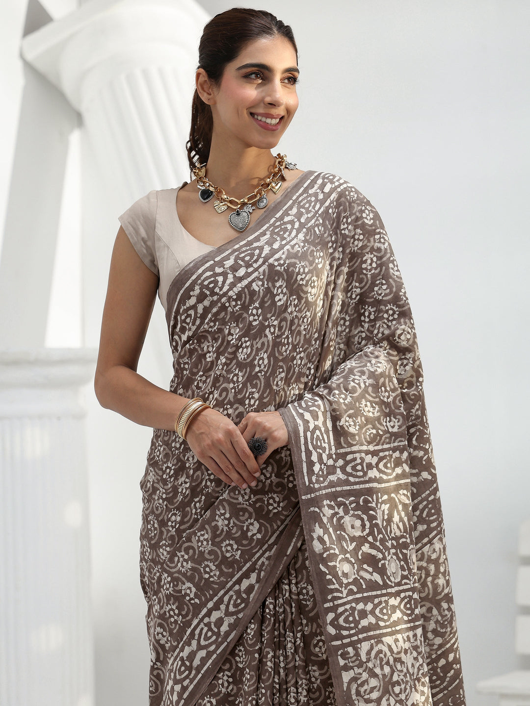 Grey Floral Dabu Print Cotton Saree