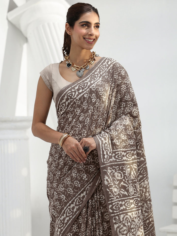 Grey Floral Dabu Print Cotton Saree