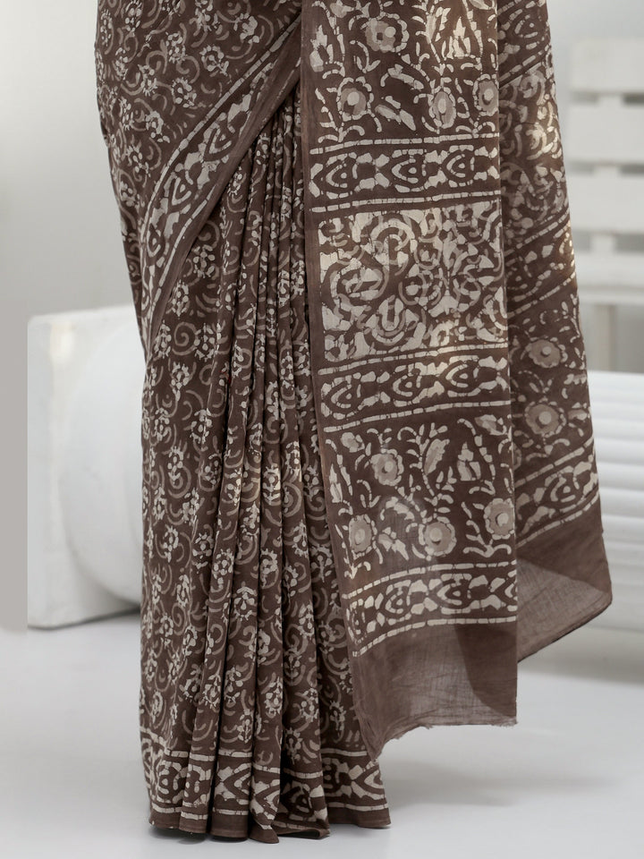 Grey Floral Dabu Print Cotton Saree