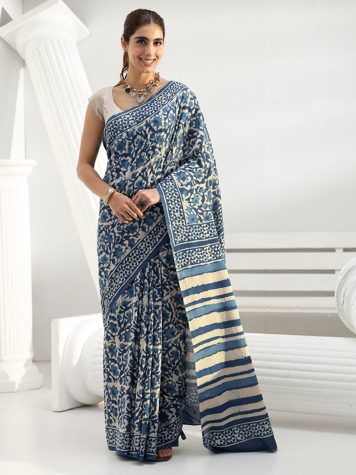 Indigo Floral Bagru Print Cotton Saree