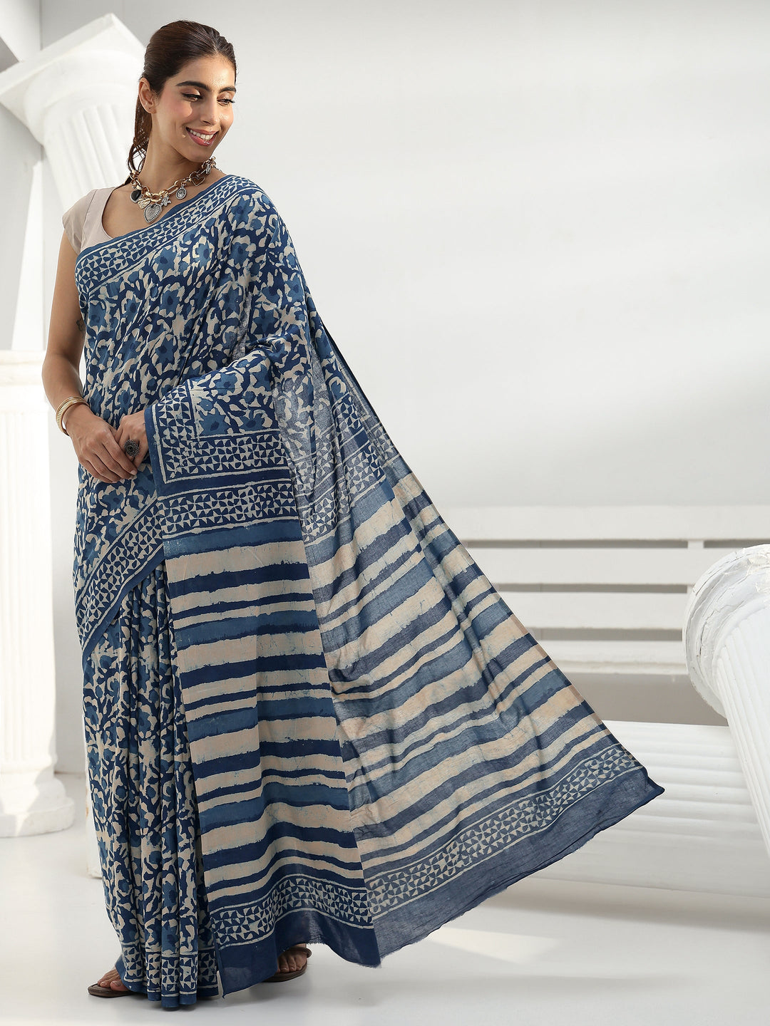 Indigo Floral Bagru Print Cotton Saree