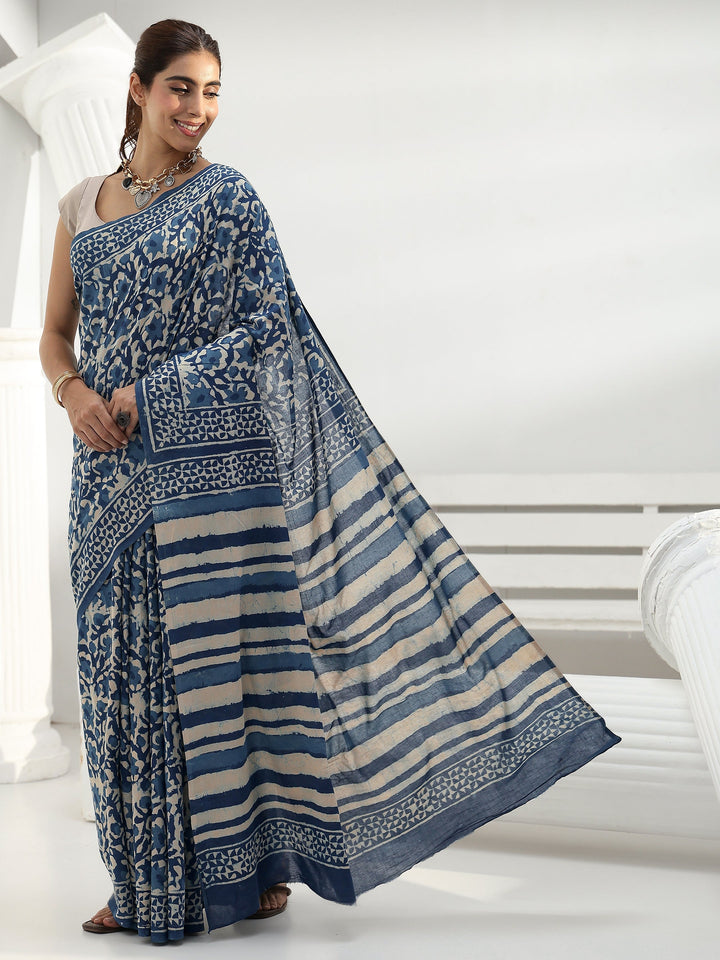 Indigo Floral Bagru Print Cotton Saree