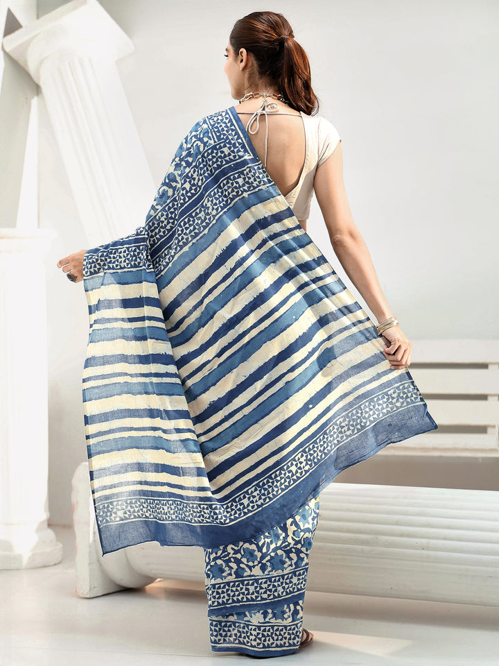 Indigo Floral Bagru Print Cotton Saree