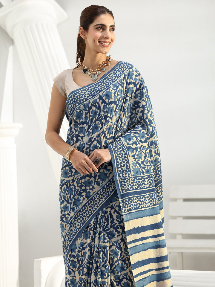 Indigo Floral Bagru Print Cotton Saree