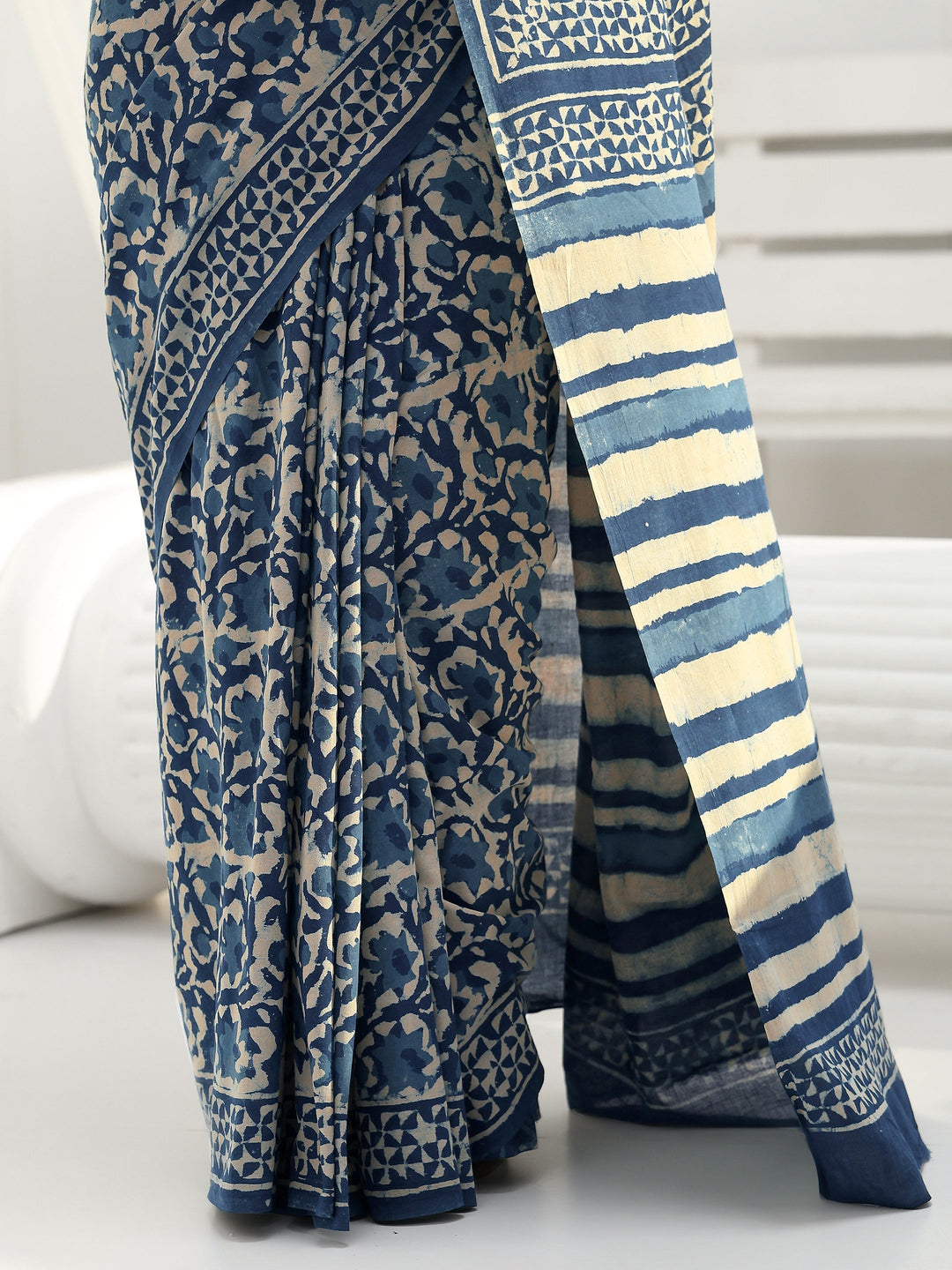 Indigo Floral Bagru Print Cotton Saree