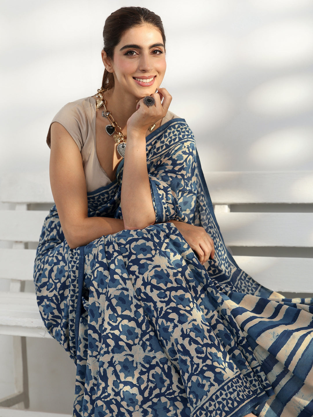 Indigo Floral Bagru Print Cotton Saree