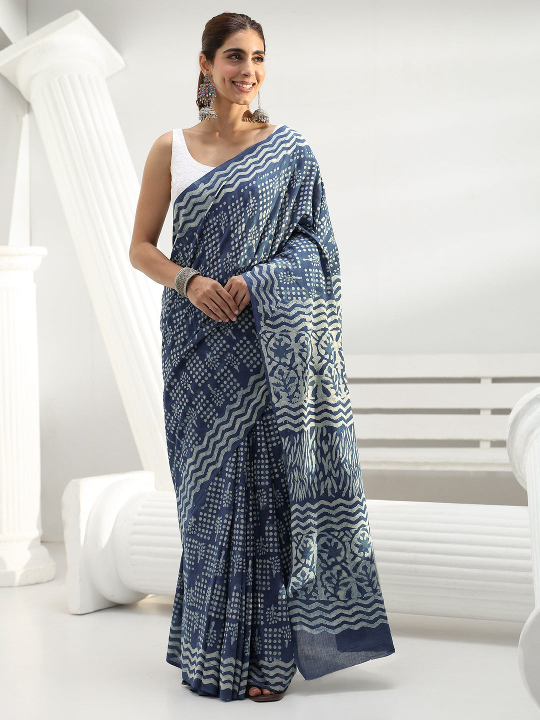 Indigo Geometric Dabu Print Cotton Saree