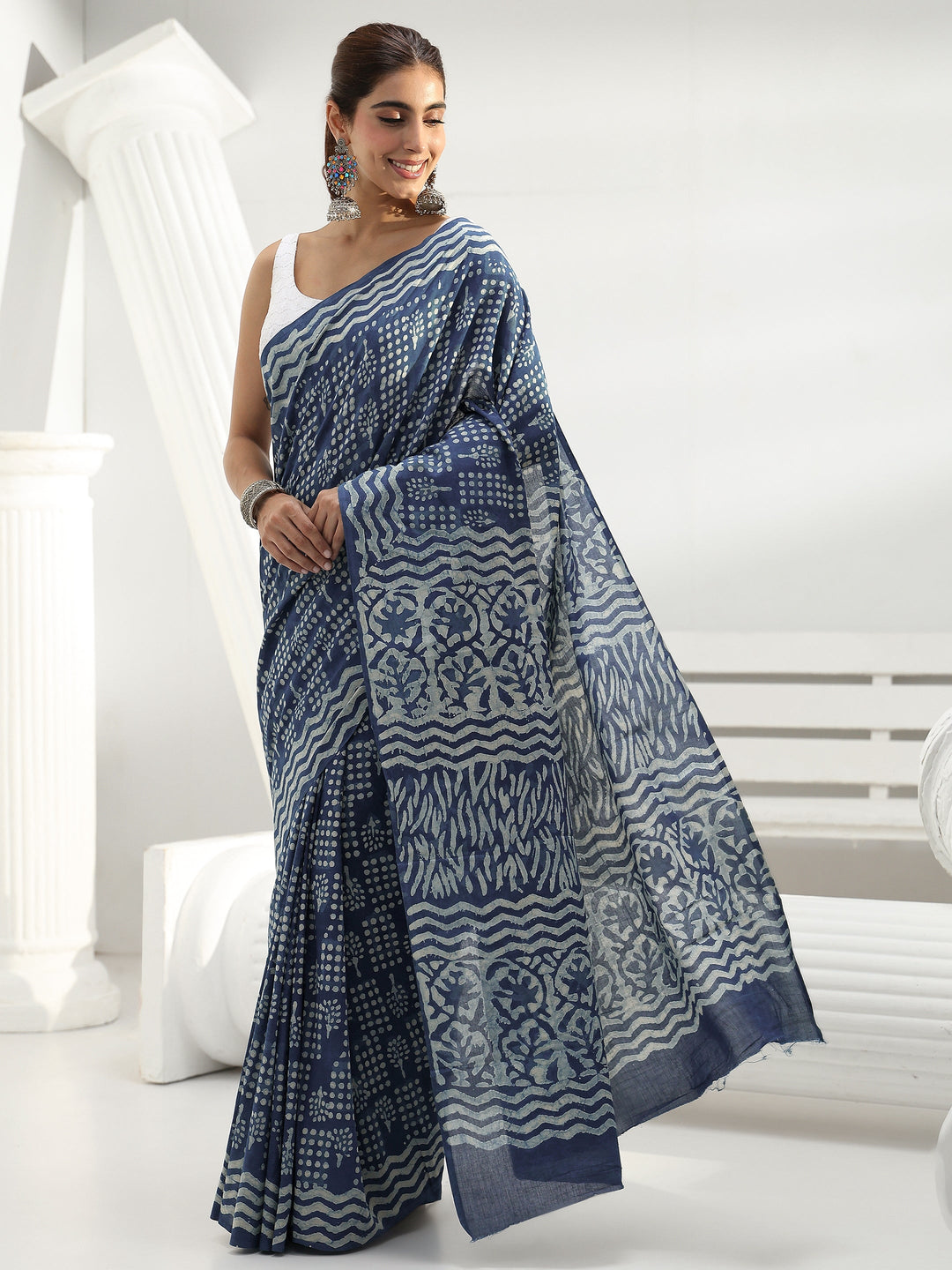 Indigo Geometric Dabu Print Cotton Saree