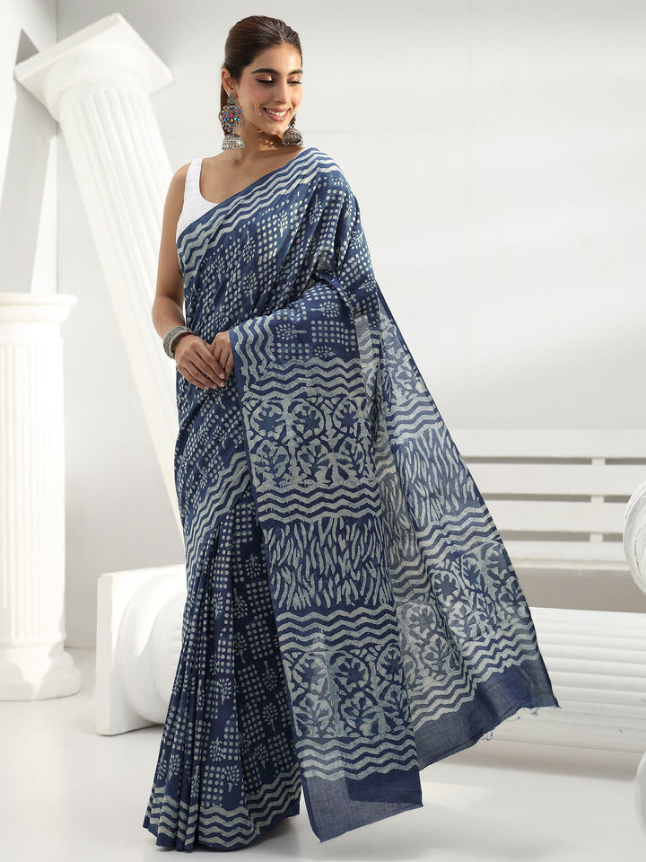 Indigo Geometric Dabu Print Cotton Saree