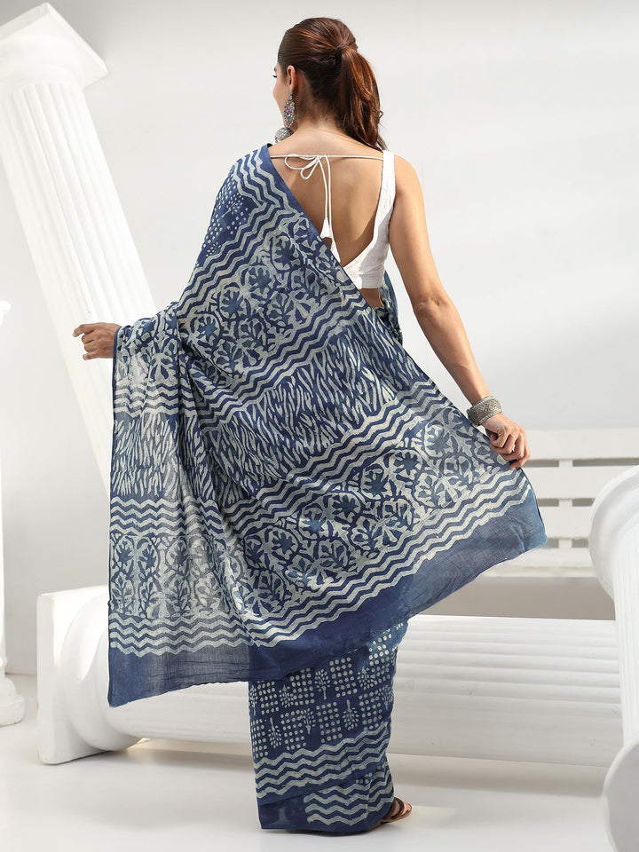 Indigo Geometric Dabu Print Cotton Saree