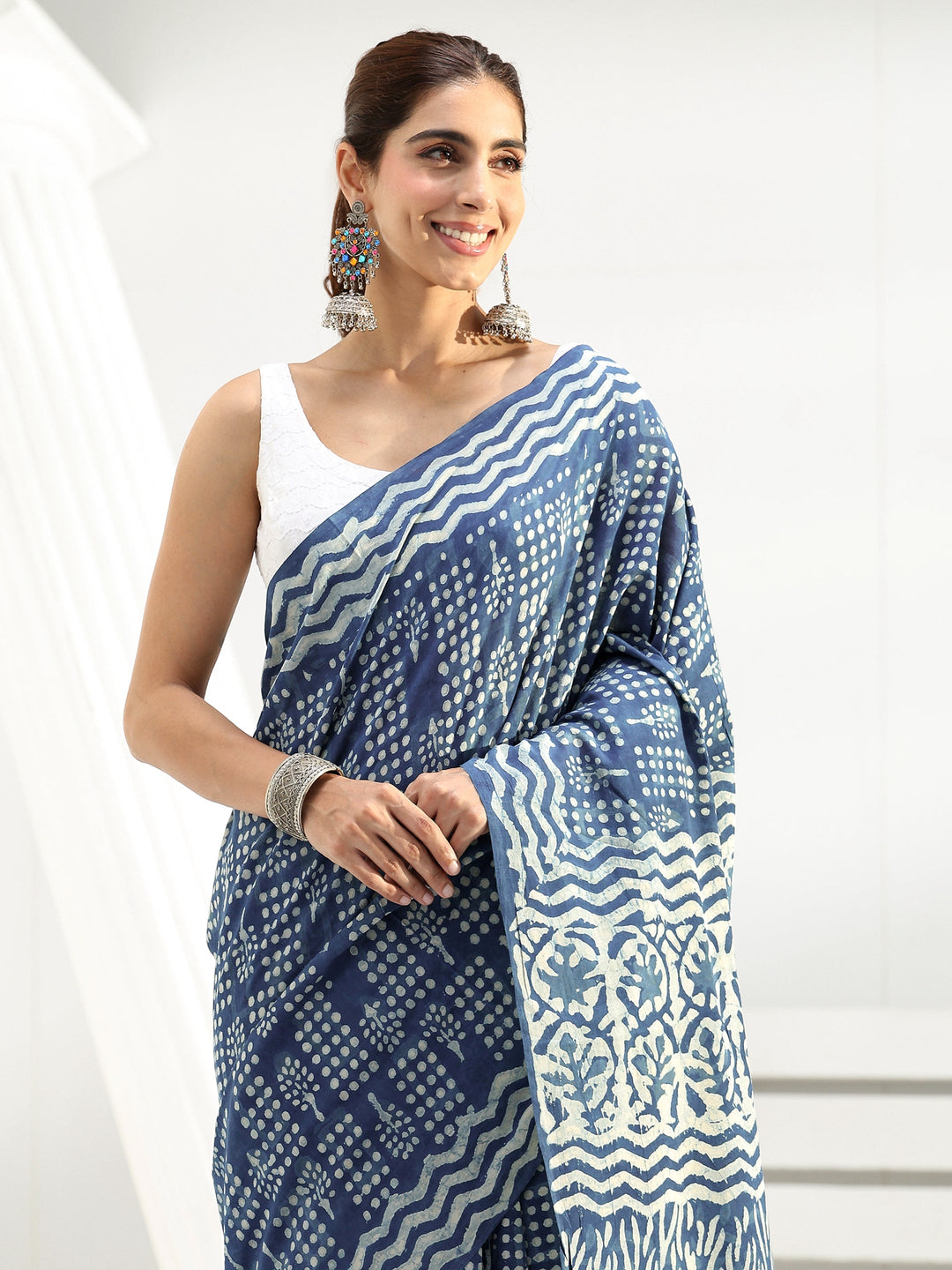 Indigo Geometric Dabu Print Cotton Saree