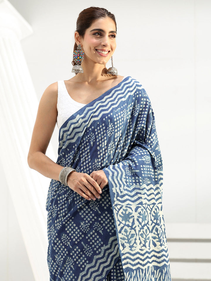 Indigo Geometric Dabu Print Cotton Saree