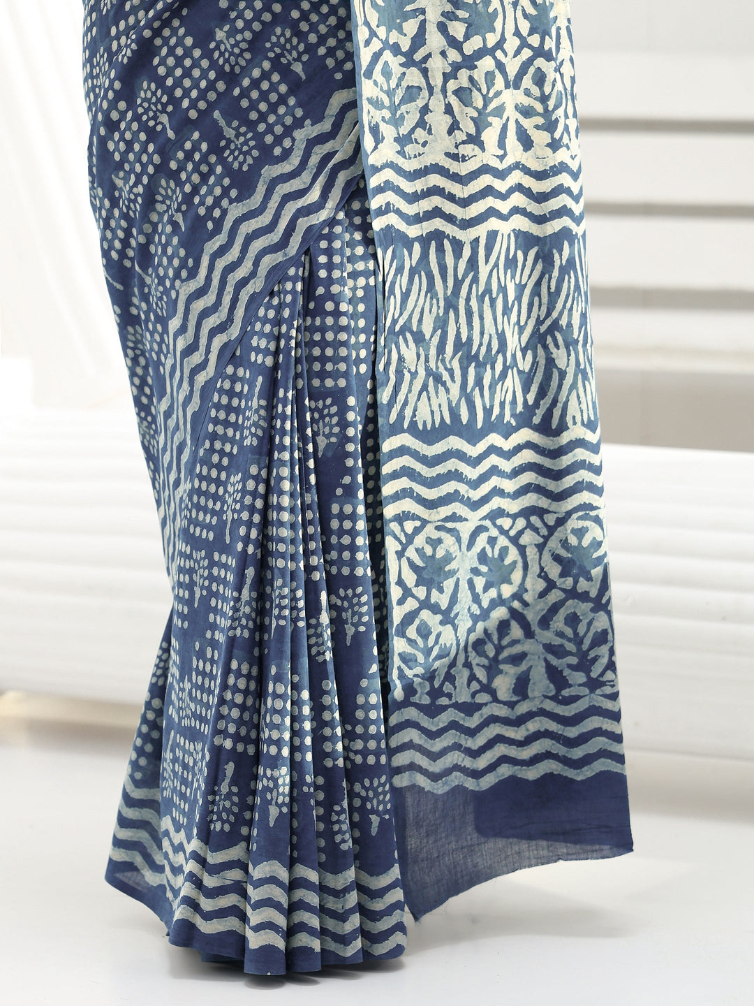 Indigo Geometric Dabu Print Cotton Saree