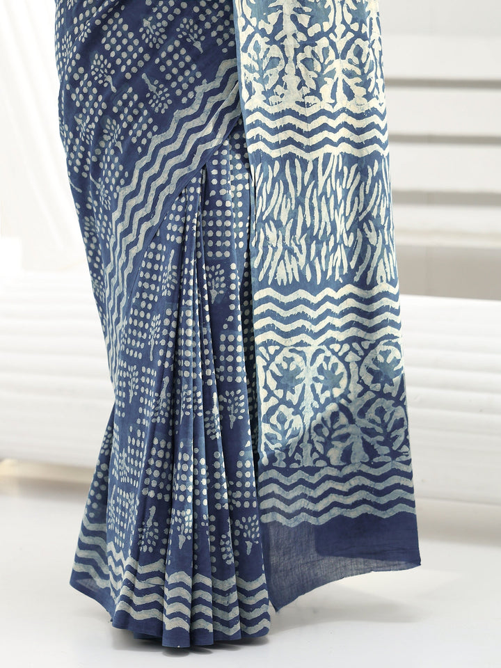 Indigo Geometric Dabu Print Cotton Saree