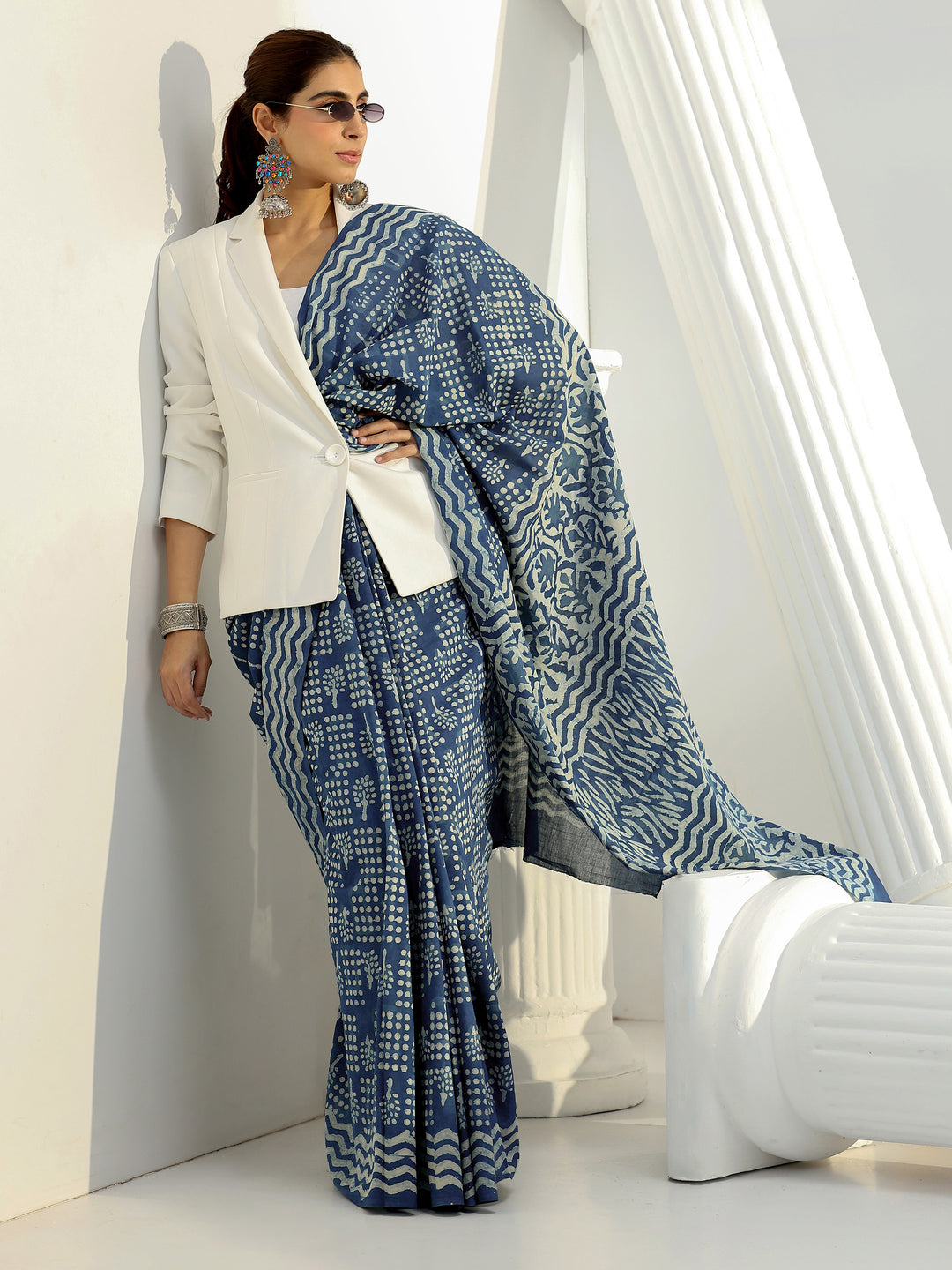 Indigo Geometric Dabu Print Cotton Saree