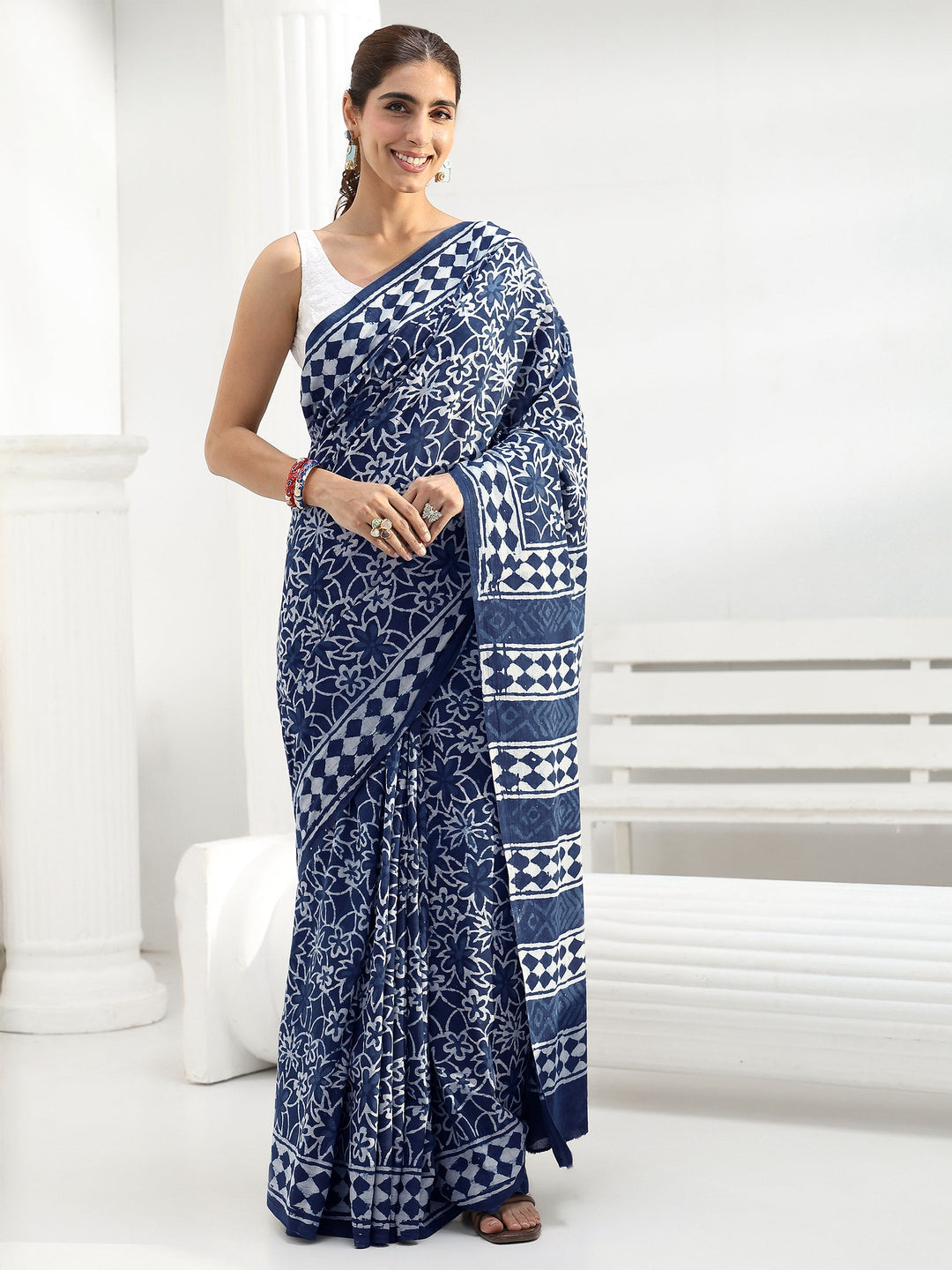 Indigo Floral Dabu Print Cotton Saree