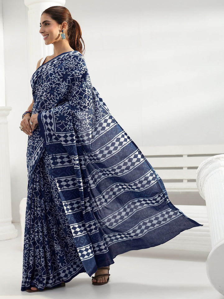 Indigo Floral Dabu Print Cotton Saree