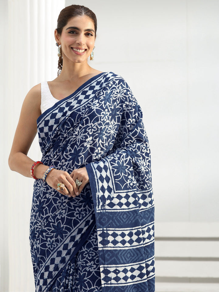 Indigo Floral Dabu Print Cotton Saree