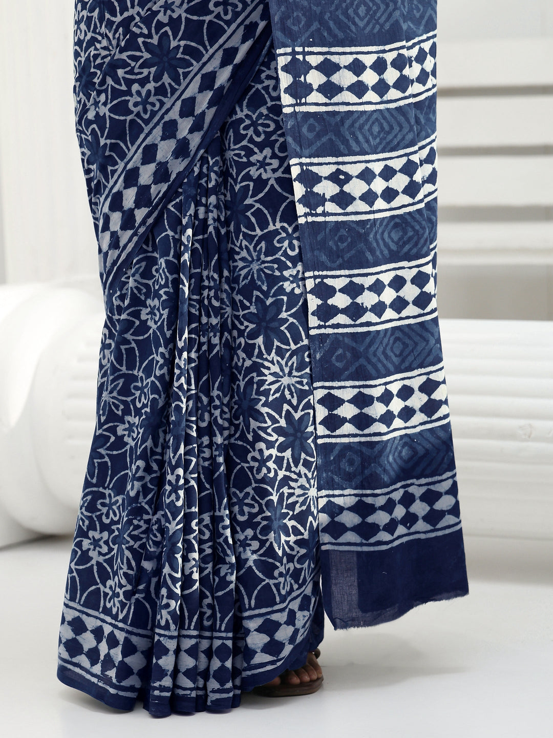 Indigo Floral Dabu Print Cotton Saree
