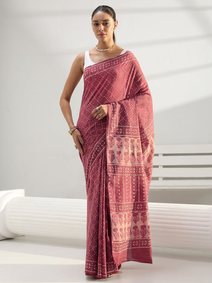 Earthy Pink Bagru Print Cotton Saree