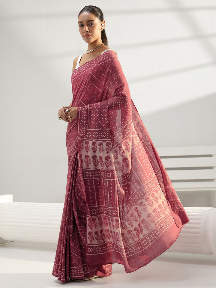 Earthy Pink Bagru Print Cotton Saree
