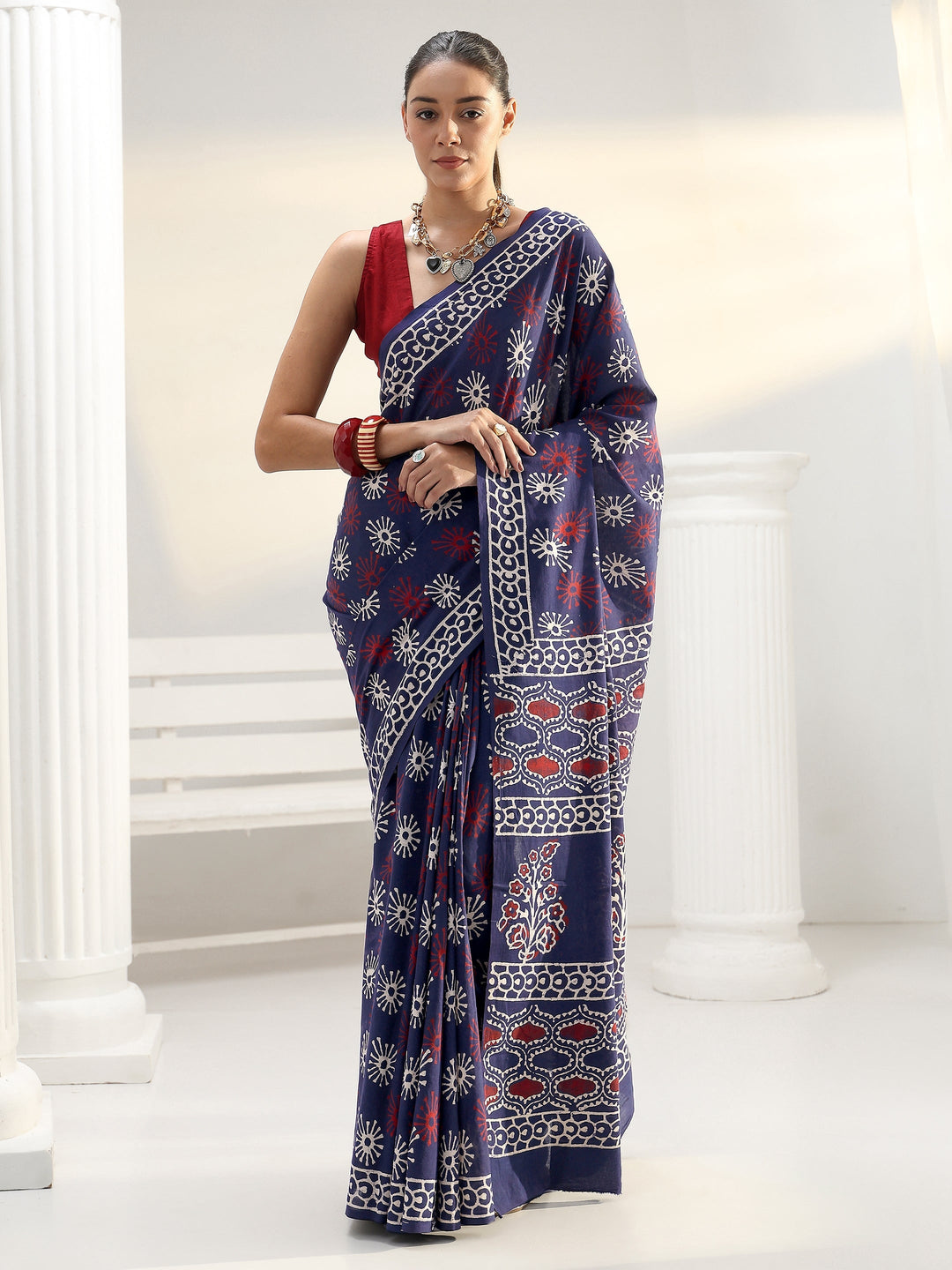 Blue Floral Dabu Print Cotton Saree