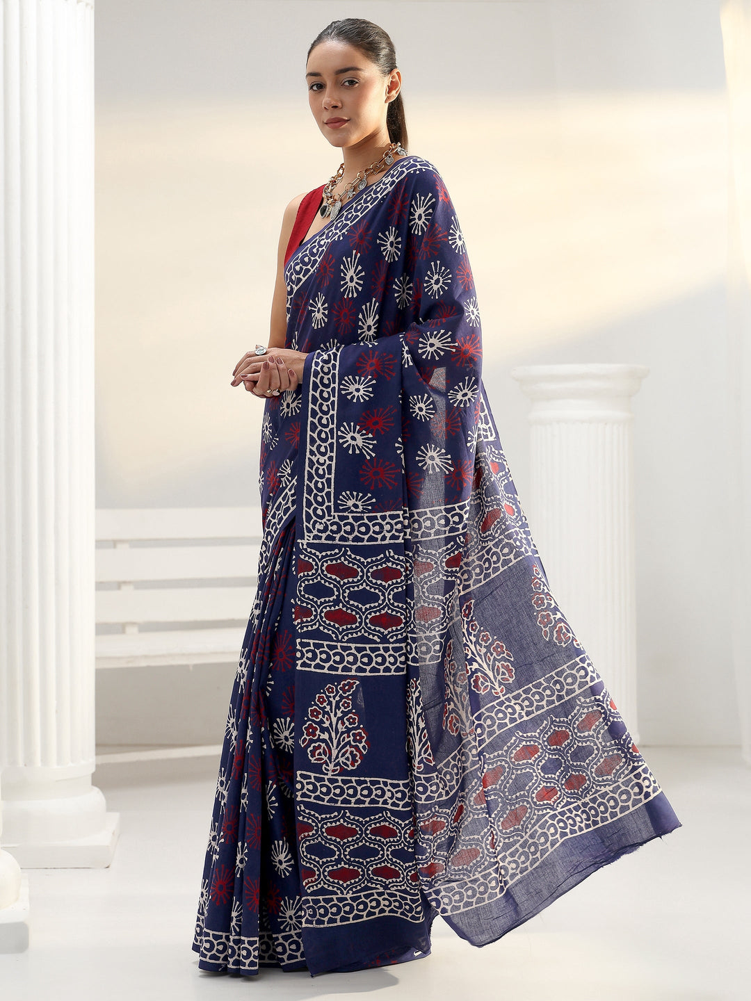 Blue Floral Dabu Print Cotton Saree