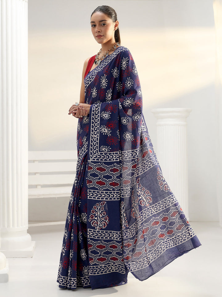 Blue Floral Dabu Print Cotton Saree