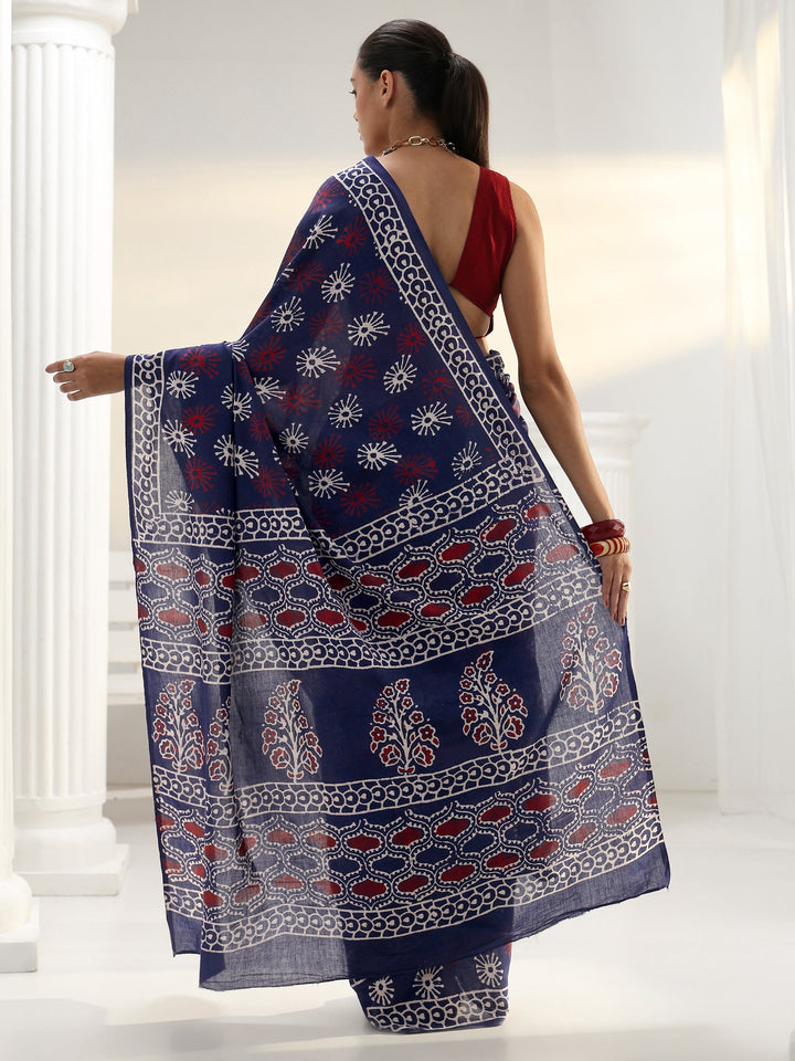 Blue Floral Dabu Print Cotton Saree