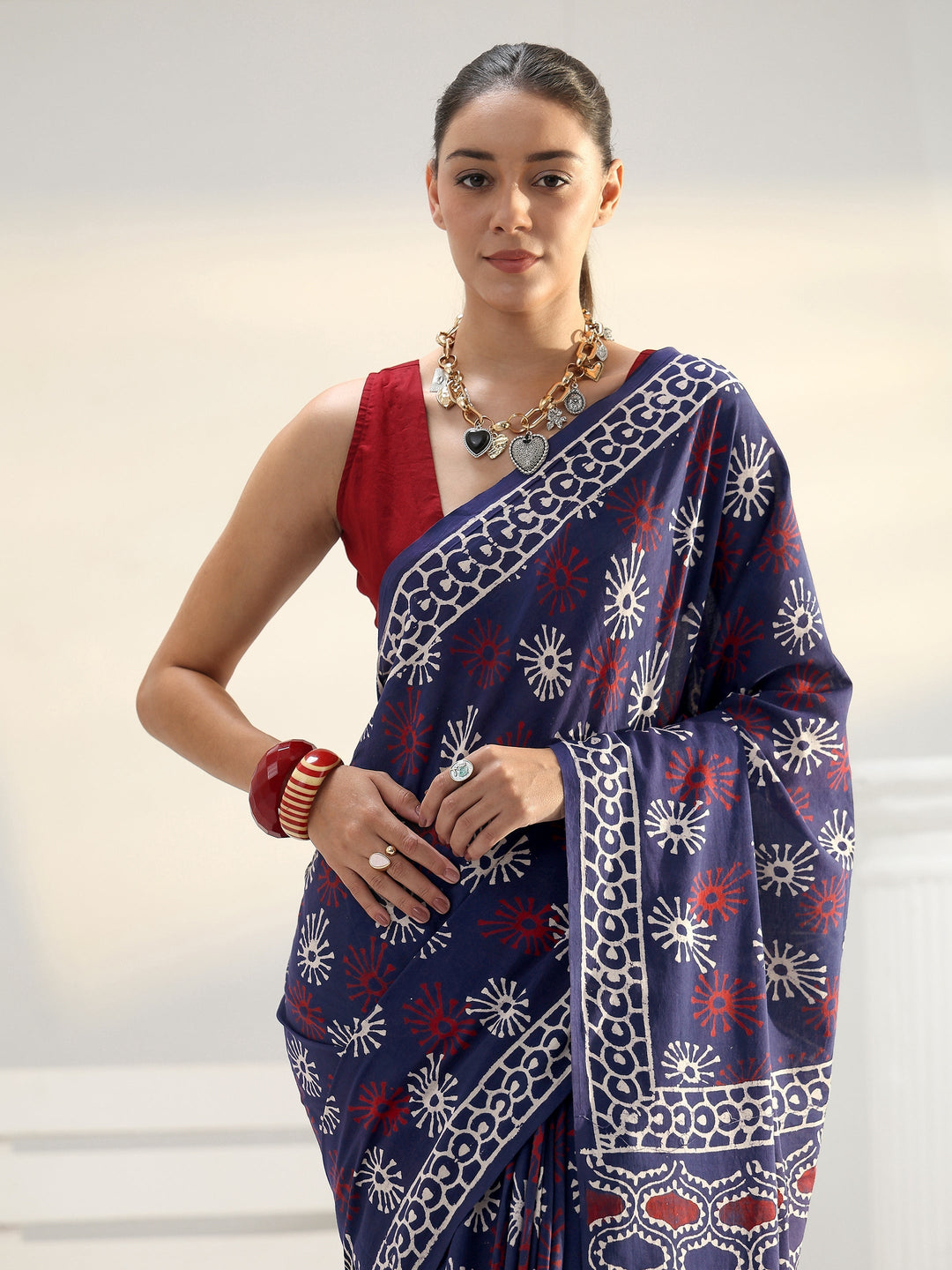 Blue Floral Dabu Print Cotton Saree