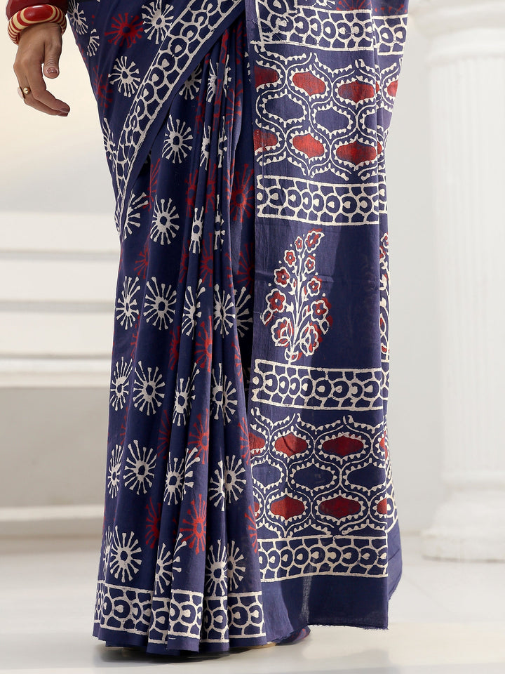 Blue Floral Dabu Print Cotton Saree