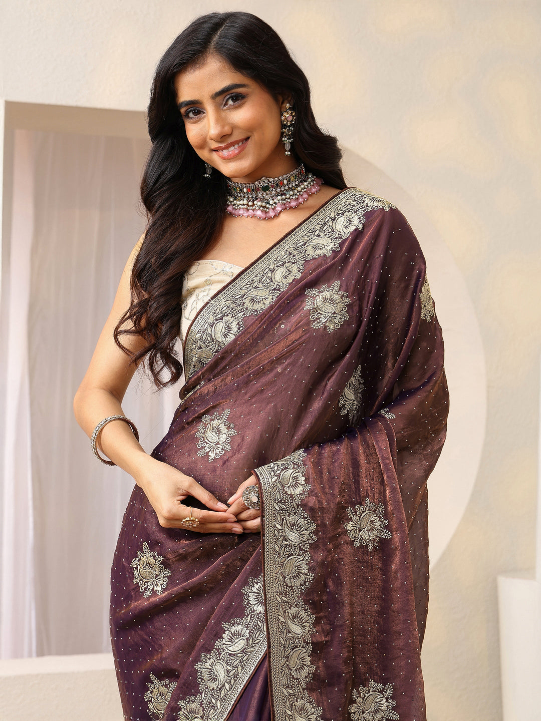 Mauve Floral Embroidered Tissue Saree