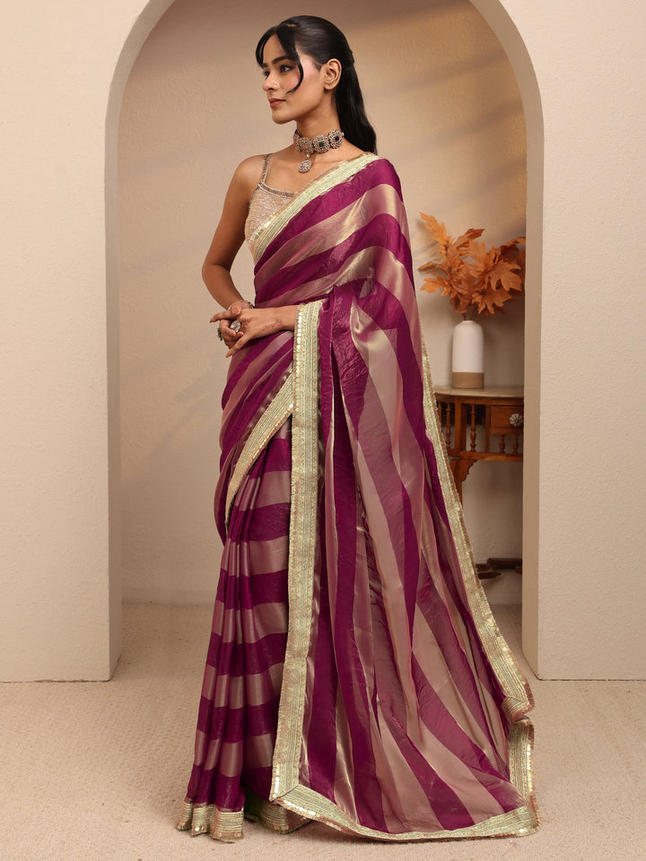 Libas Burgundy Striped Textured Tissue Saree