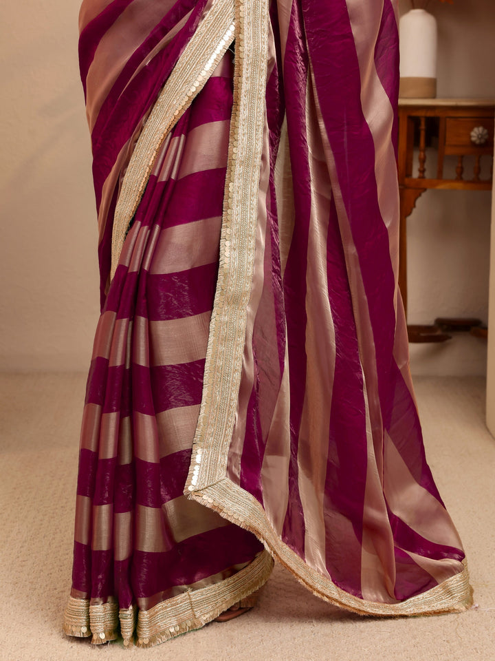 Libas Burgundy Striped Textured Tissue Saree