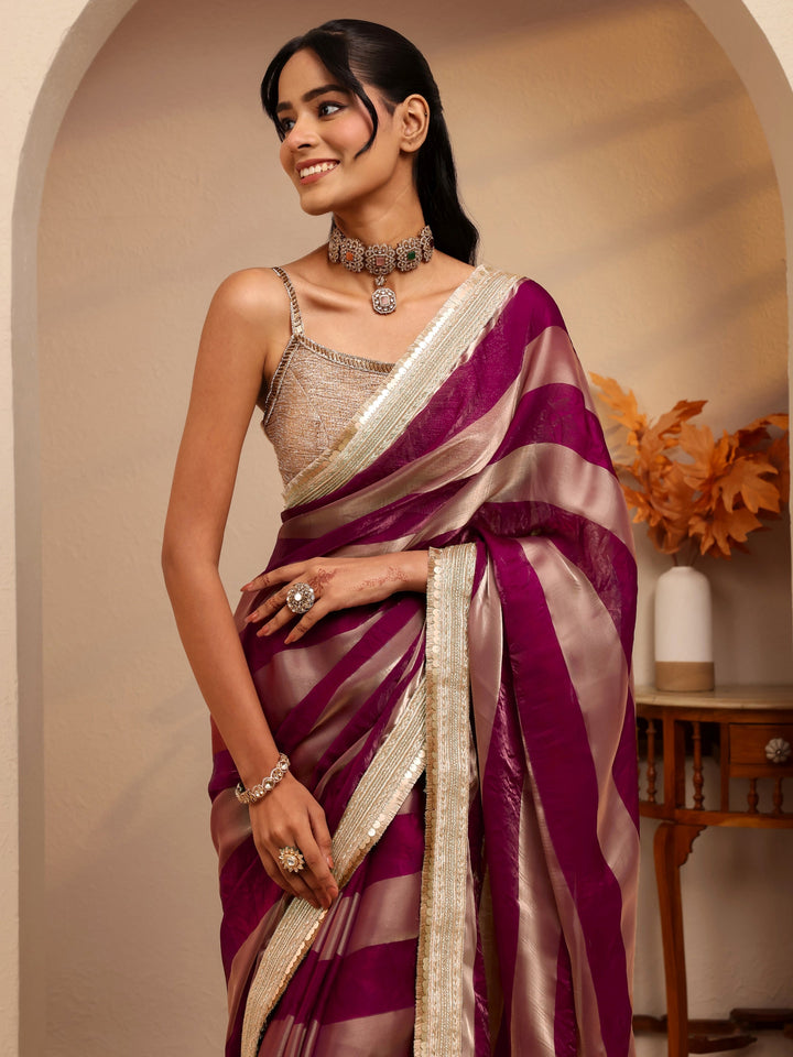 Libas Burgundy Striped Textured Tissue Saree